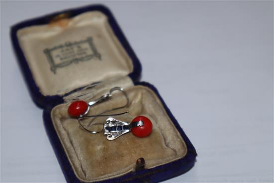 A pair of white metal, coral bead, diamond and synthetic? sapphire earrings 19mm.